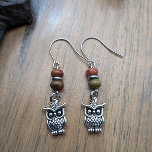 Silver Owl Earrings with Multicolor Beads
